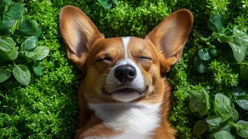 A dog is laying on the grass with its eyes closed photo