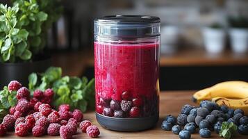 A blender filled with berries and other fruits photo