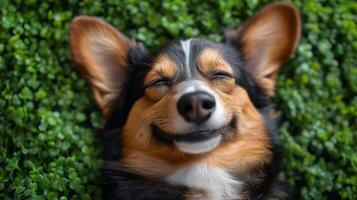 A dog is smiling while laying on a green grass photo