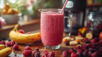 A smoothie with berries and bananas on a table photo