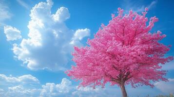A pink tree stands in front of a blue sky photo