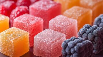 Colorful jellies and berries on a table photo