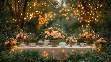 A table set with tea cups and flowers in the woods photo