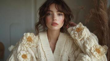 A woman in a cream sweater with flowers on it photo