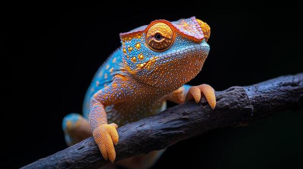 A chameleon is sitting on a branch photo