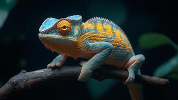 A chameleon is sitting on a branch photo