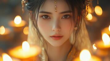 A beautiful woman with long hair and a lot of candles photo