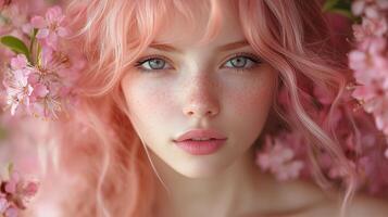 A beautiful woman with pink hair and freckles photo
