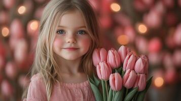 A little girl holding pink tulips photo
