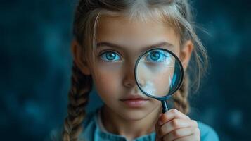 A young girl looking through a magnifying glass photo