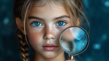 A young girl with blue eyes looking through a magnifying glass photo