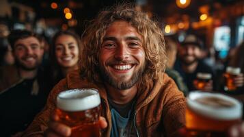 Young people with beer in hands cheer football game together at bar photo