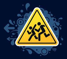 Traffic Sign with Abstract Digital Elements. Yellow Pedestrian Warning Symbol on a Blue Futuristic Background vector