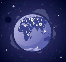 Global Digital Map. World Network with Location Pins in Dark Blue vector