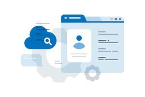Flat illustration of a user history page featuring an avatar, clouds, text, and UI elements. This concept represents data search history, personalized recommendations, user preferences or behavior vector