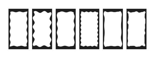 Set of photo or mirror frames with lace wavy edge. Design elements for collage, label, stamp. Scallop, zigzag wavy edges. black illustration isolated on white background. Retro style template. vector