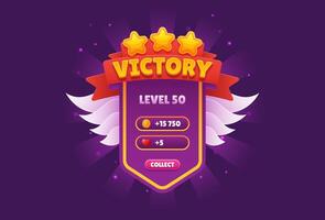 Game UI Level Win Popup. Victory Badge with Trophy Design. Tournament or Competition Interface Featuring Gold Coins on a Vibrant Purple Background. vector