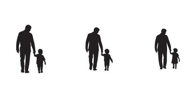 Father and child walking, hand in hand, silhouette. vector