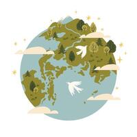 Abstract Earth globe with green continents and celestial oceans. Icon of world or planet drawn in doodle style. Colored flat illustration isolated on white background. Earth day. vector
