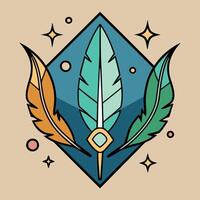Three Colorful Feathers in a Diamond Shape with Stars and Dots Design Element vector
