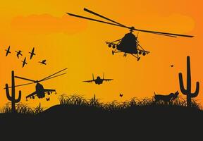 Against the backdrop of the setting sun and calm nature, silhouettes of military equipment. vector