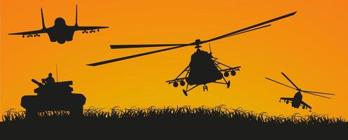 PrintSilhouettes of military equipment, namely helicopters and tanks and a fighter plane against the backdrop of the setting sun. vector
