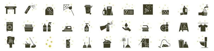 A set of dark linear icons on the theme of cleaning with yellow cleanliness effects. Cleaning company symbol icons. vector