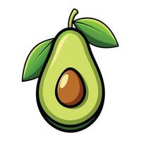 A vibrant cartoon illustration of a halved avocado with its large seed visible and two lush green leaves attached vector