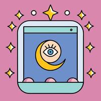 Mystical Crescent Moon Eye on Digital Device with Sparkling Stars vector