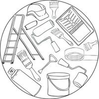 Graphic line circle round composition of Ladder, can, bucket with color, brush and protective helmet. Room painter. Construction worker. draw design graphic ink illustration vector