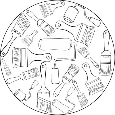 paint roller and brushes circle round composition logo Graphic line ink isolated Tool for wall painting, drawing.
