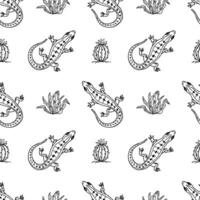 Cactus and lizard seamless pattern. Hand drawn black outline western core illustration. vector