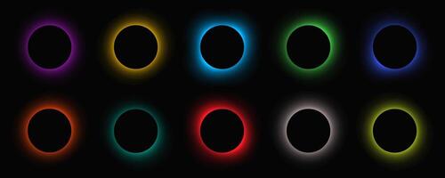 Circle illuminate frame with gradient. Set of ten round neon banners isolated on black background. illustration vector