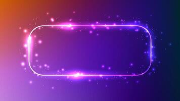 Neon rounded rectangle frame with shining effects and sparkles on dark purple background. Empty glowing techno backdrop. illustration vector