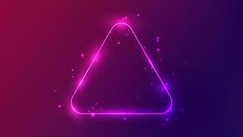 Neon rounded triangle frame with shining effects and sparkles on dark purple background. Empty glowing techno backdrop. illustration vector