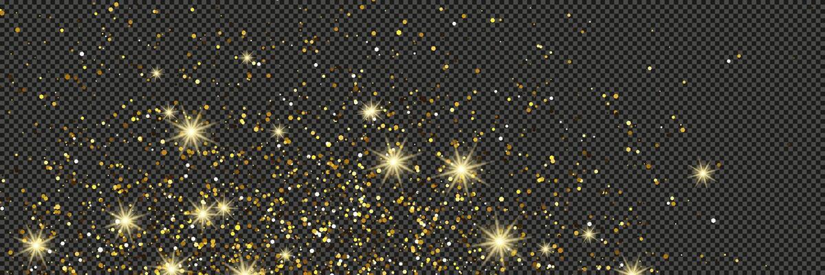 Gold glittering dust with stars on a gray background. Dust with gold glitter and empty space for your text. illustration