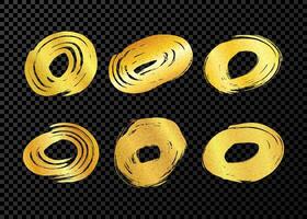 Gold grunge brush strokes in circle form. Set of painted ink circles. Ink spot isolated on dark transparent background. illustration vector