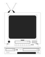 Retro television DVD player black and white 2D line object. Vintage TV with antenna. Nostalgic tech. Floppy drive. 90s technology isolated clip art outline item. Monochromatic spot illustration vector