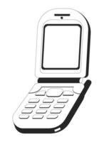 Vintage flip phone with blank screen black and white 2D line object. Mobile technology y2k. 90s and 2000s nostalgia cellphone isolated clip art outline item. Monochromatic spot illustration vector