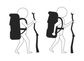 Stick figures hikers with backpacks and walking sticks black and white 2D line characters set. Trekking adventure. Backpackers isolated outline people. Monochrome spot illustrations collection vector