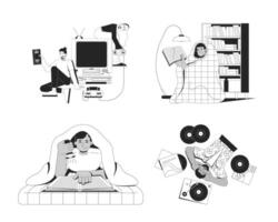 Nostalgic pastimes and retro technology linear illustrations set. VHS tape, gaming on old console. Reading book, vinyl records 2D line characters isolated. Monochrome outline images collection vector