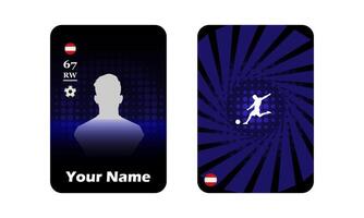 Custom football player card template with silhouette and rating. Futuristic blue and black design with abstract background and soccer icon vector