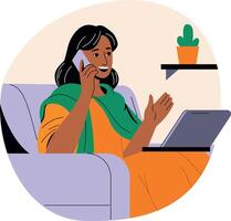 A flat illustration of a girl calling on mobile vector