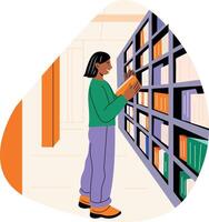 A flat illustration of a girl reading book in library vector