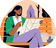 A flat illustration of a girl reading map vector