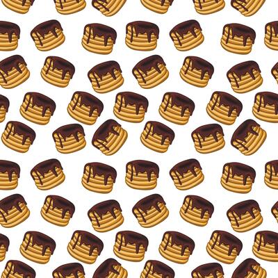 Seamless pattern with golden brown pancakes stack topped with rich, melted chocolate.