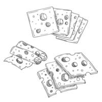 Cheese Doodle hand drawn line icon set. Different piece slice cheese for menu, design restaurant, cafe. vector