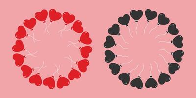Heart shape balloon on rope Red and Black Circular Frame borders St Valentine Day Template Copy space. Isolated illustration Thematic cards, posting or web promo banner, leaflets, price, labels vector
