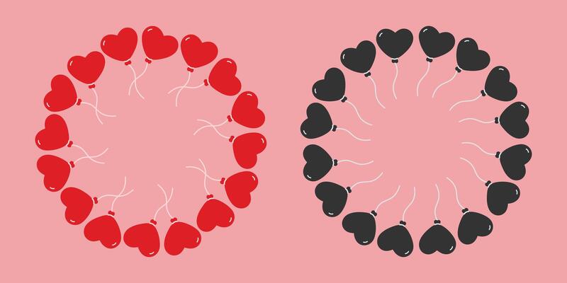 Heart shape balloon on rope Red and Black Circular Frame borders St Valentine Day Template Copy space. Isolated illustration Thematic cards, posting or web promo banner, leaflets, price, labels