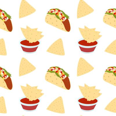 Traditional Mexican food Taco meat filled and Nacho in saucer with sauce Seamless Pattern Wallpaper. Isolated illustration Mexican food Background, wrapping or web promo banner, leaflet, menu